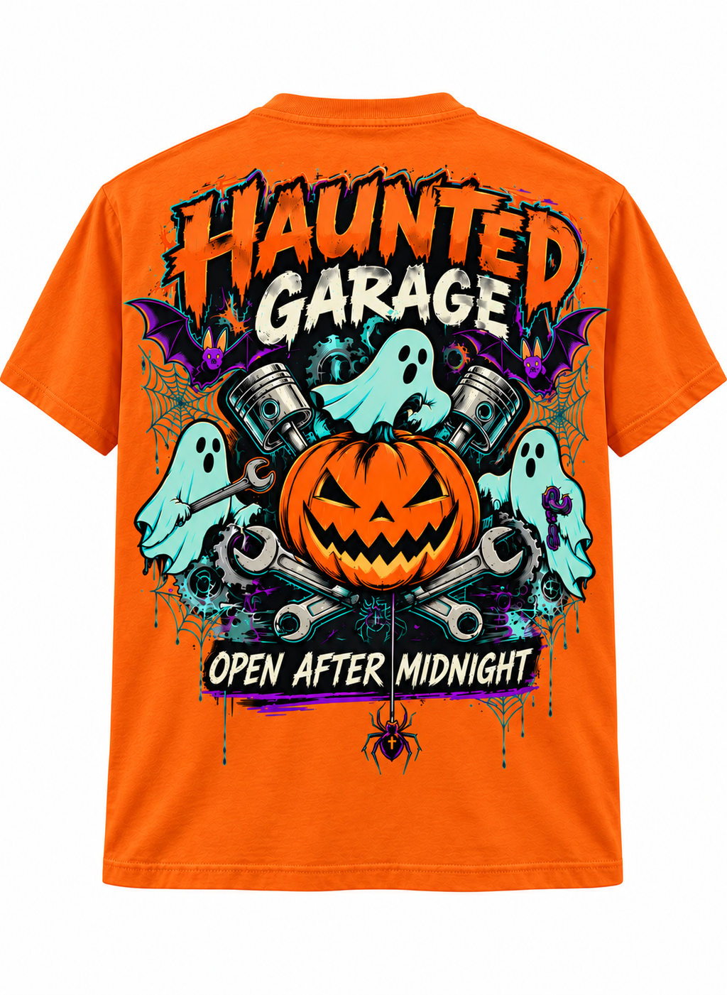 Haunted Garage Halloween Unisex T-Shirt – Mechanic Ghost & Pumpkin Tee