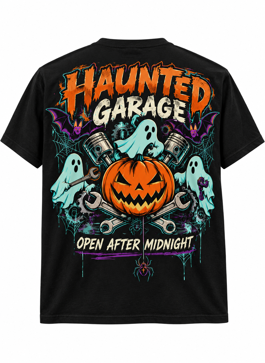 Haunted Garage Halloween Unisex T-Shirt – Mechanic Ghost & Pumpkin Tee